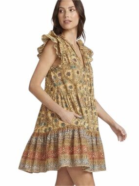 Ulla Johnson Coletta Botanical Shadow Stripe Dress Boho Tiered Mini Size 4